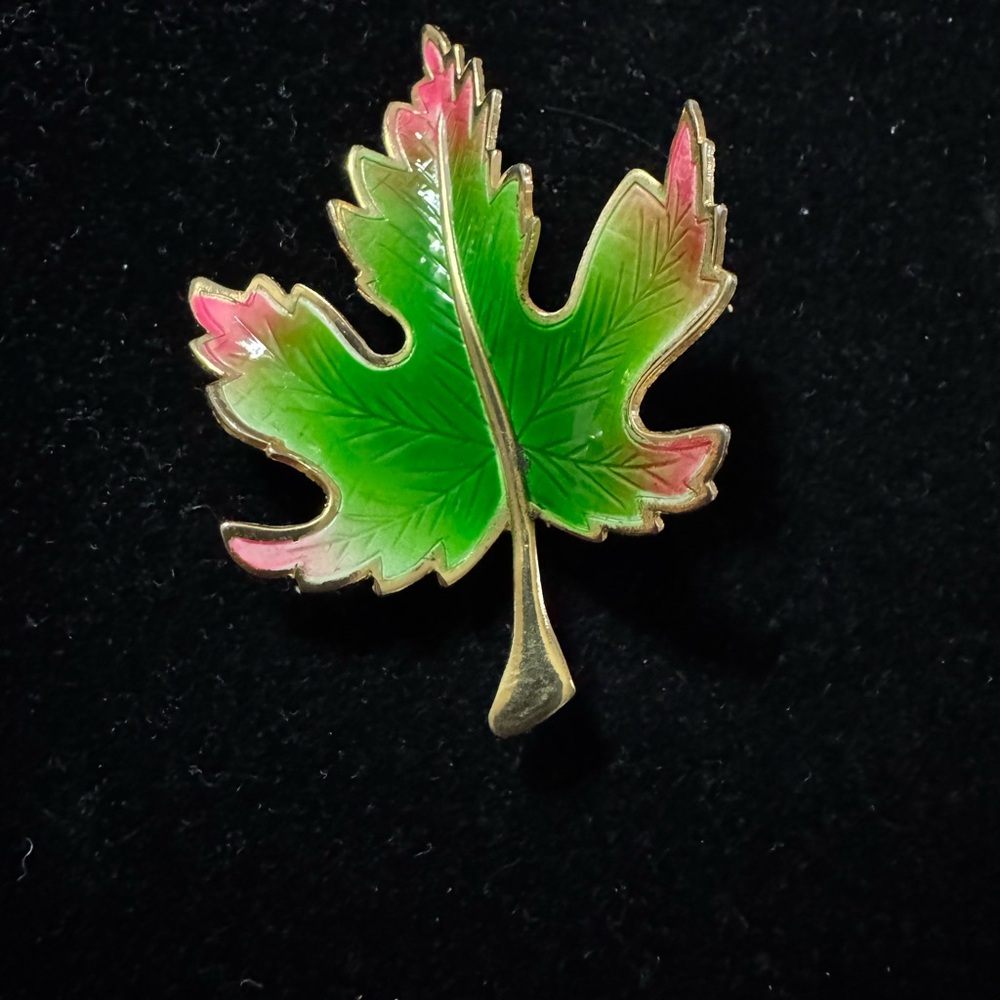 Vintage Green and Pink Gold Tone Leaf Brooch